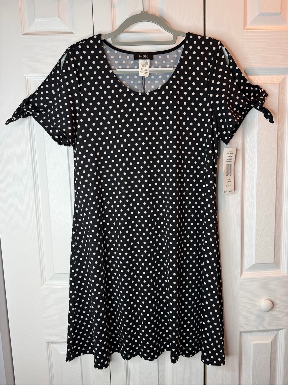 MSK Black White Polka Dot Tie Sleeve Dress Size L NWT